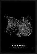 Poster Stad Tilburg - A2 - 42 x 59,4 cm - Inclusief lijst (Zwart Aluminium) Zwarte Poster van Tilburg - Citymap - Stadsposter - Plaatsnaam poster Tilburg - Stadsplattegrond