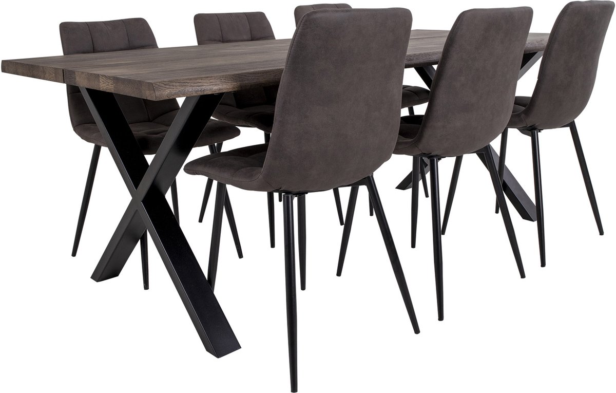 House Nordic Tony eethoek , 1 eettafel en 6 stoelen donker bruin en eik.