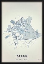 Poster Assen - A4 - 21 x 30 cm - Inclusief lijst (Zwart Aluminium) Citymap Assen - Stadsposter - Plaatsnaam poster Assen - Stadsplattegrond