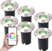 6x Ynoa Smart ZigBee 3.0 LED GU10 4.8W - RGB + CCT - Grondspot Maisy Rond RVS - IP65 Waterdicht