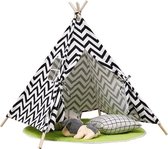 Speeltent Tipi Tent voor Jongens en Meisjes - Speelhuis Wigwam voor Kinderen met Wolk Kussen en Vlaggetjes – 135x110 cm - Zwart Wit