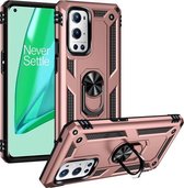 Voor OnePlus 9 Pro schokbestendig TPU + pc-beschermhoes met 360 graden roterende houder (roségoud)