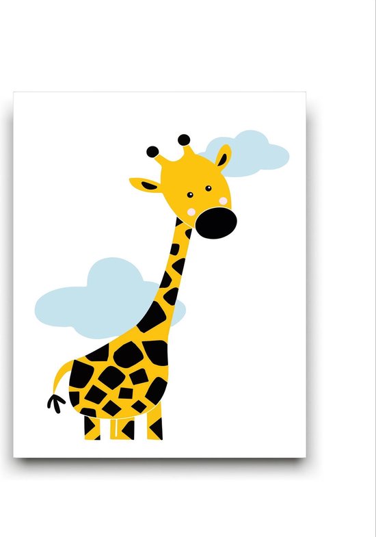 Schilderij  Giraffe met Wolkjes - Kinderkamer - Dieren Schilderij - Babykamer / Kinder Schilderij - Babyshower Cadeau - Muurdecoratie - 50x40cm - FramedCity