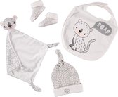 4 delig Baby Cadeauset geboorte jongen meisje Babycadeau - geschenkset - luipaard - baby sokje - babymutsje - knuffeldoekje - slabbetje