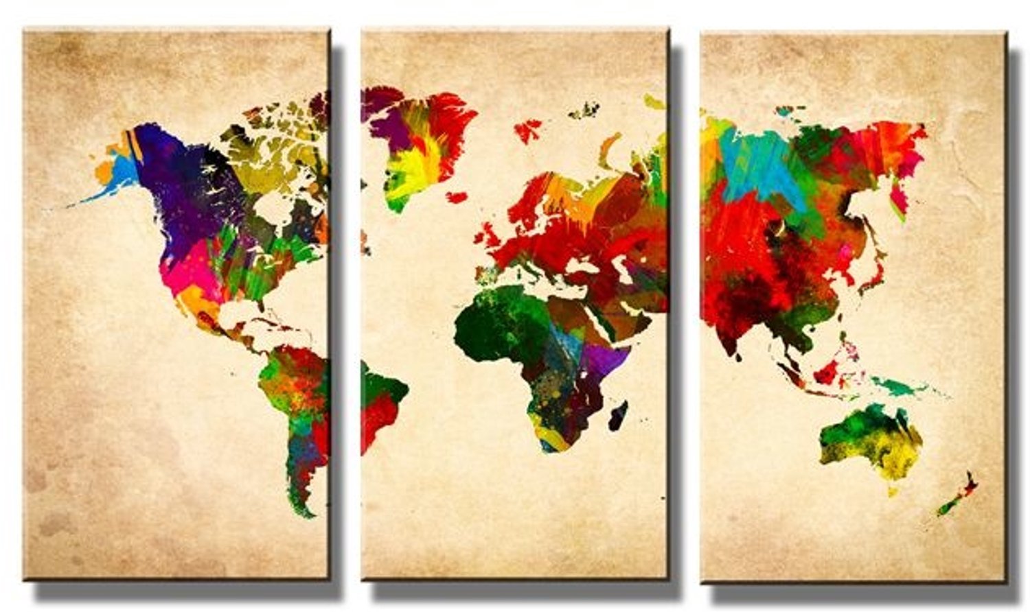 karo-art Schilderij - Gekleurde Wereldkaart, 120X80cm, 3luik Multikleur