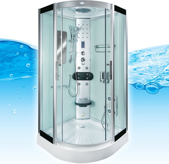 Stoomcabine 90X90X215 Palma. Luxe Stoomdouche, THERMOSTAATKRAAN Uitvoering, Kit-Vrij, Wit, Veiligheidsglas, LED, Radio, Speakers, Zitje, Massage, Hoekmodel, Kwartrond, Schuifdeuren, Douchebak, Afvoer, Sifon, A Kwaliteit, Full Options. Royal Sanitair