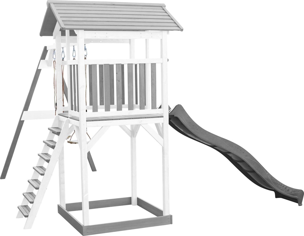 AXI Beach Tower Speeltoestel in Grijs/Wit - Speeltoren met Zandbak, Dubbele Schommel en Grijze Glijbaan - FSC hout - Speelhuis op palen voor de tuin — afbeelding 17