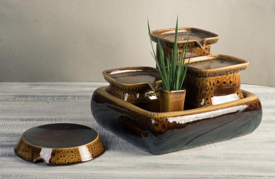 Miaustore grote keramische drinkfontein set - kattenfontein - voerbak - drinkbak - kattengras - bruin - zwart - walnoot - 3,4L - keramisch - katten en honden -geen filter nodig