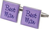 Lila met paarse manchetknopen Best Man vierkant - manchetknoop - best man - trouwen - vrijgezellenfeest - lila