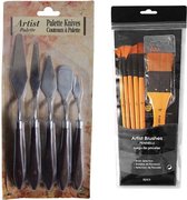 Artist- kwasten met paletmessen- verf set- penselen- paletmes- paletmes schilderen- paletmessen- penselenset- waaierpenseel- 11 delig- acrylverf- kunst- hobby- verven