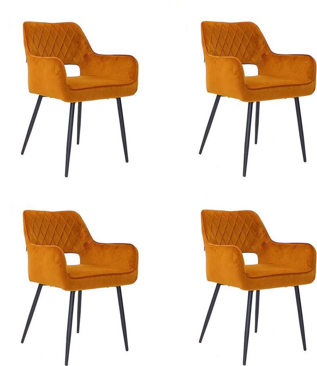 Bronx71® Velvet eetkamerstoel Mika okergeel - Eetkamerstoelen set van 4 - stoel
