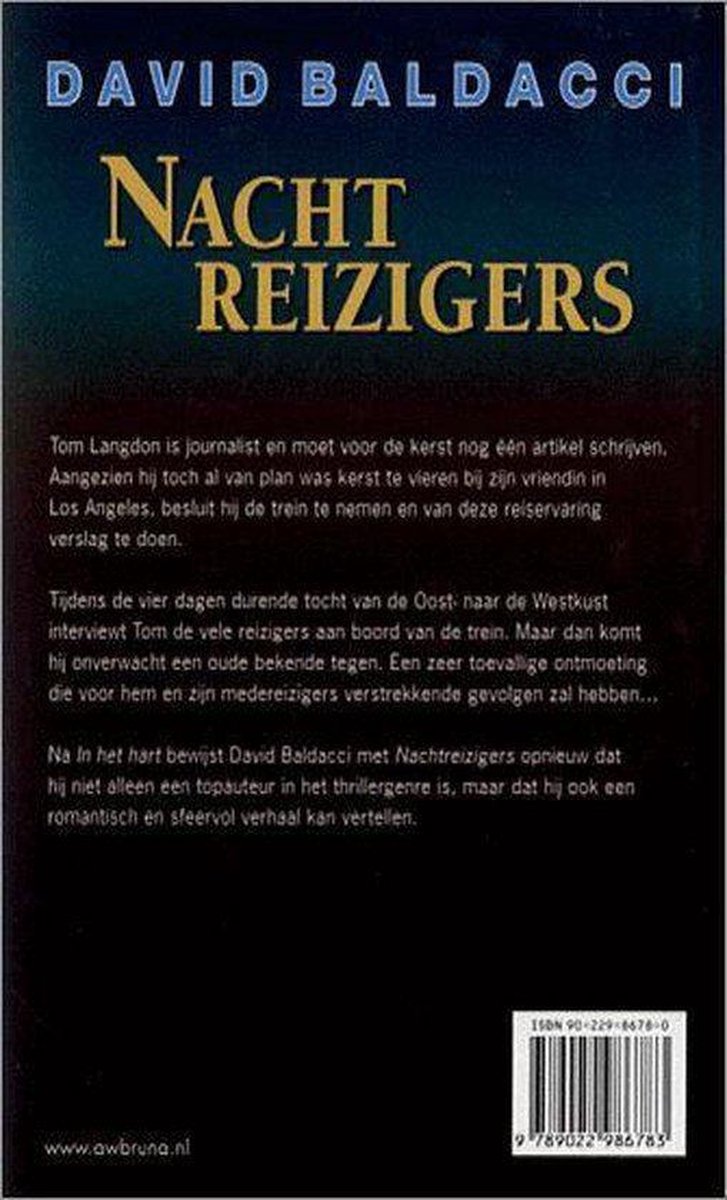 Boekcover van Nachtreizigers door David Baldacci. Tekst in goudkleurige letters, met een donkere achtergrond en een barcode.