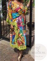 Barok Queen - Boho dress- One size - Ibiza Style - Barok Print met Groene Franjes - 100% Katoen