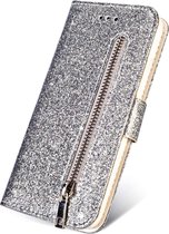 Bookcase Geschikt voor: Oppo A15 Glitter met rits - hoesje - portemonnee hoesje - Zilver