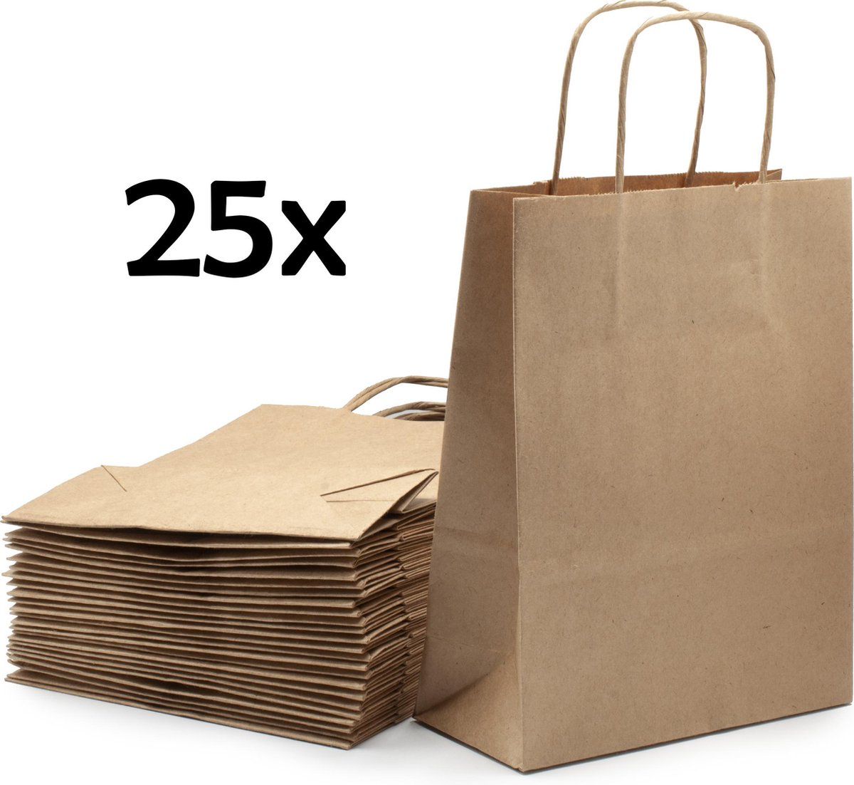 PrimeAmbition Kraft Papieren Tasjes Met Handvat – Zakjes – 25 Stuks – Bruin – 18x8x24 cm – Cadeautasjes