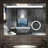 LED badkamerspiegel 80 × 60 cm wandspiegel met klok, touch, condensvrij, 3-voudige vergroting Make-up spiegel IP44 koud wit, energiebesparend
