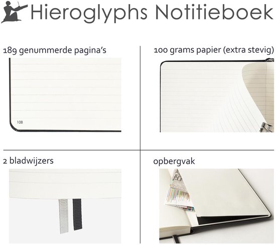 Donkergroen notitieboek met 189 genummerde pagina's, 100 grams papier, 2 bladwijzers en opbergvak. "Hieroglyphs Notitieboek".