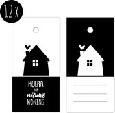 12x Labels van karton / Cadeaulabels | HOERA een nieuwe WONING | 80 x 40 mm | zwart-wit
