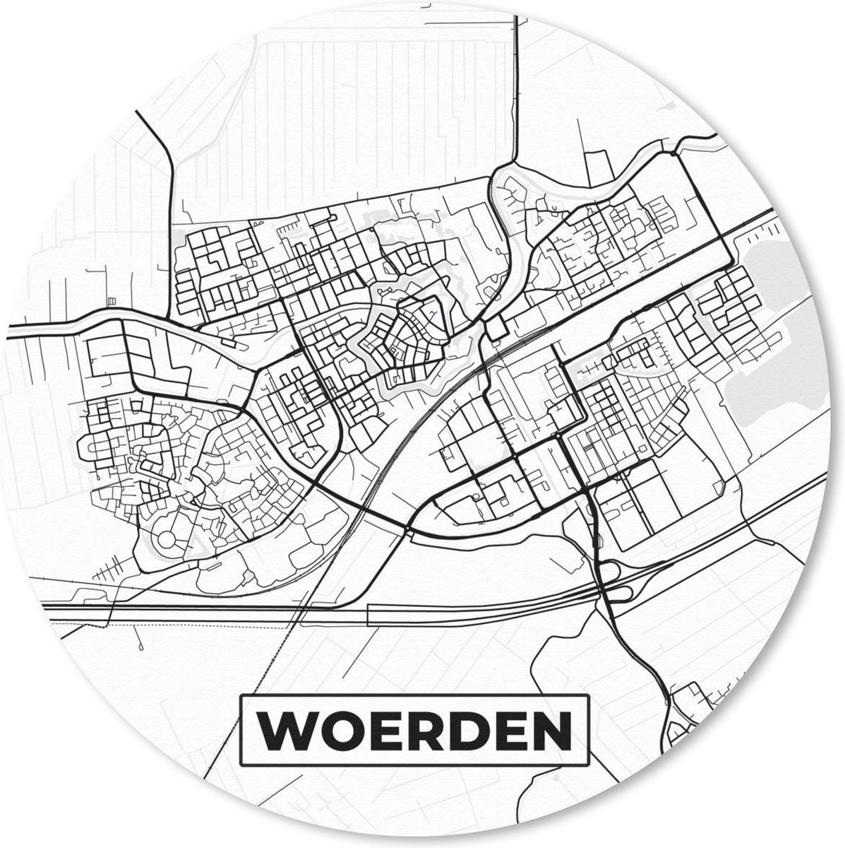 Muismat rond 20x20 cm - Mousepad Kaart - Woerden - Zwart - Wit - Ronde muismatten