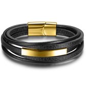 Victorious Leren Armband Heren – Zwarte Stroken Leer & Gouden Elementen – Goud/Zwart – 21cm