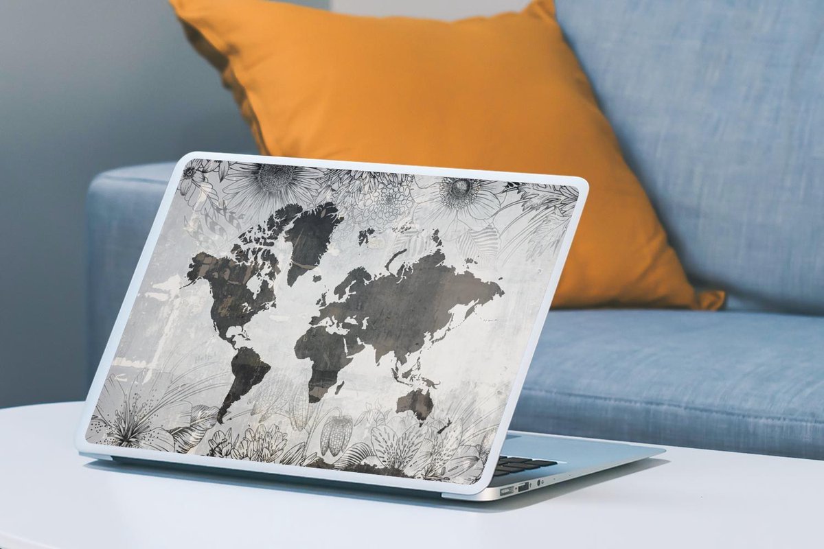 Laptop sticker 15.6 inch Wereldkaart Bloemen Hout