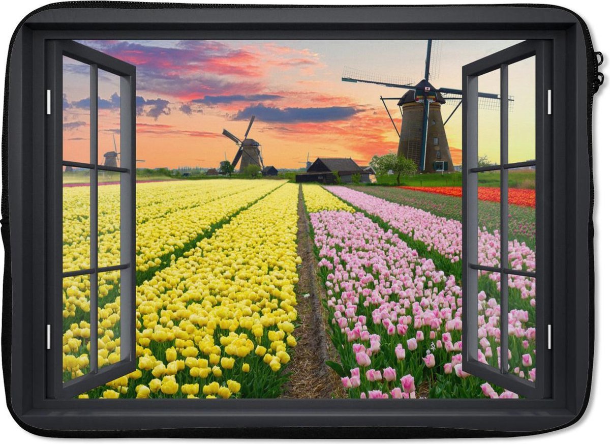 Laptophoes 14 inch - Doorkijk - Tulpen - Zonsondergang - Laptop sleeve - Binnenmaat 33x23 cm - Zwarte achterkant