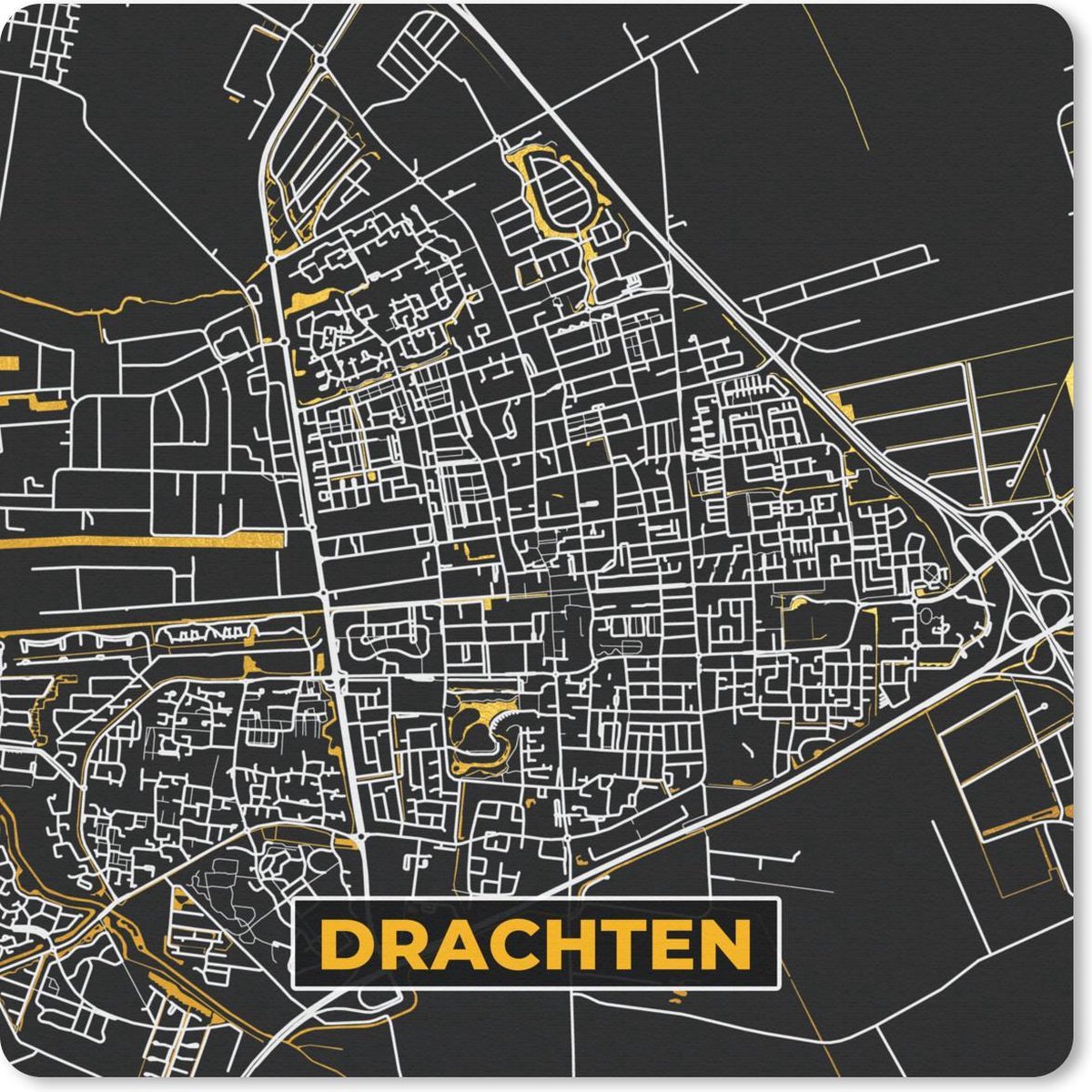 Muismat 30x30 cm - Mousepad Plattegrond - Drachten - Goud - Zwart - Muismatten - Stadskaart