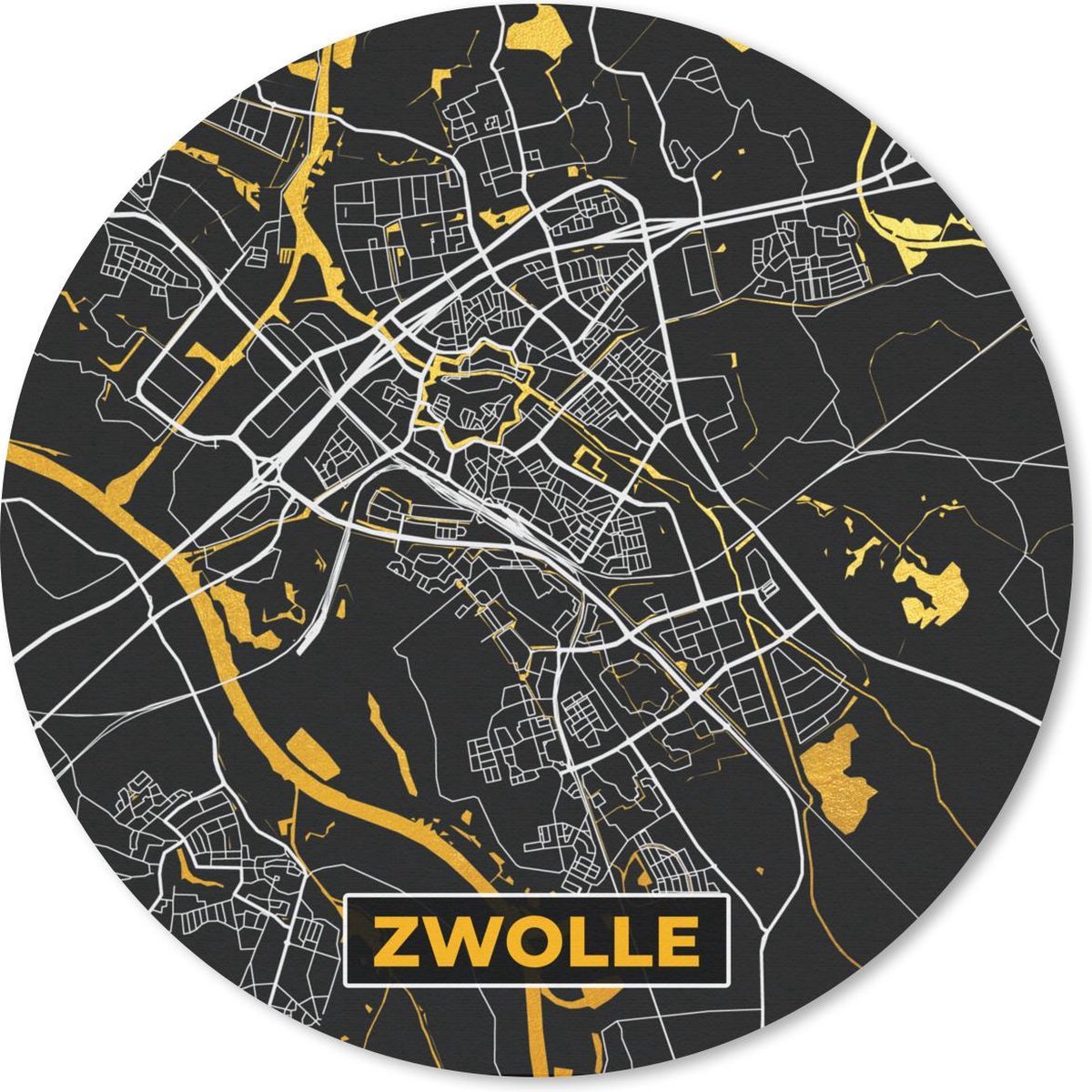Muismat - Mousepad - Rond - Kaart - Zwolle - Goud - Zwart - 30x30 cm - Ronde muismat