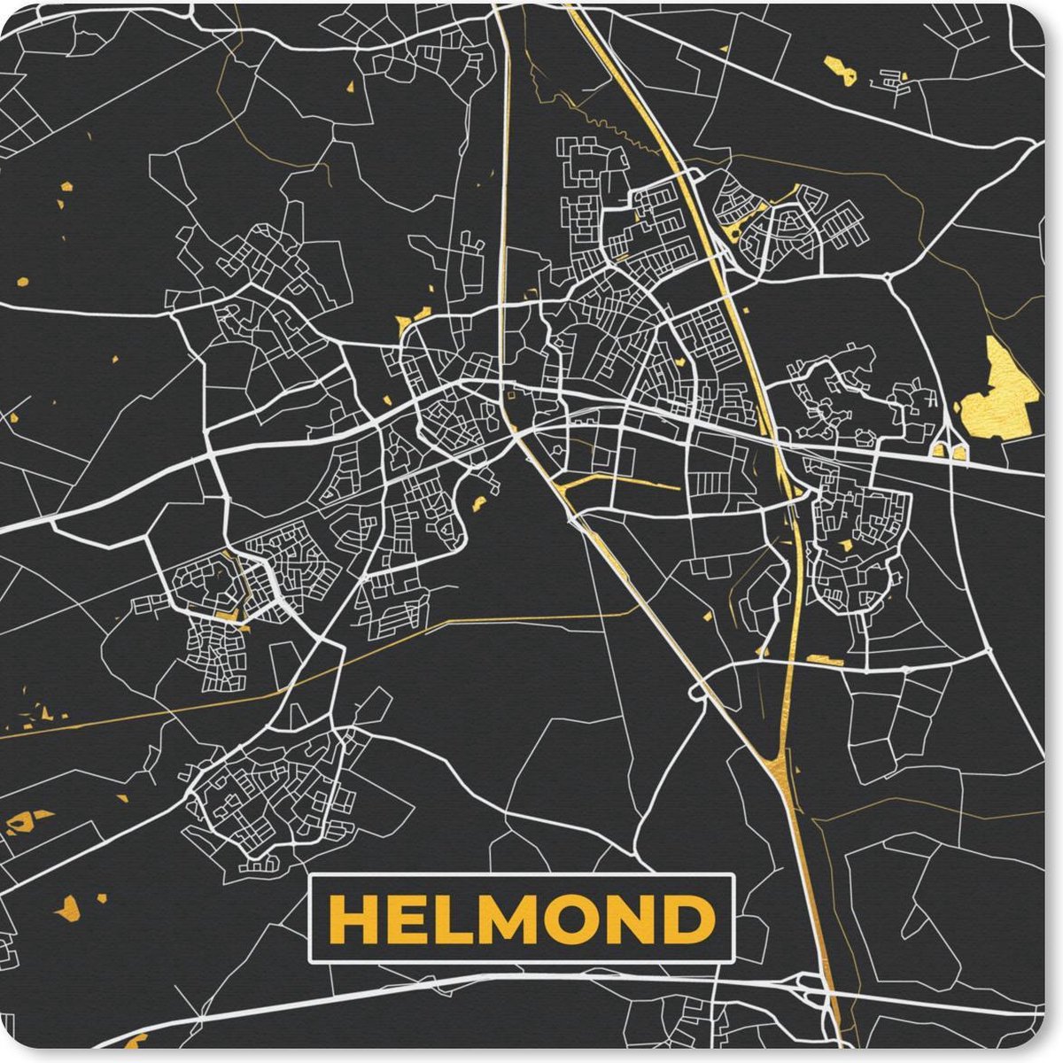 Muismat 20x20 cm - Mousepad Plattegrond - Helmond - Goud - Zwart - Muismatten - Stadskaart