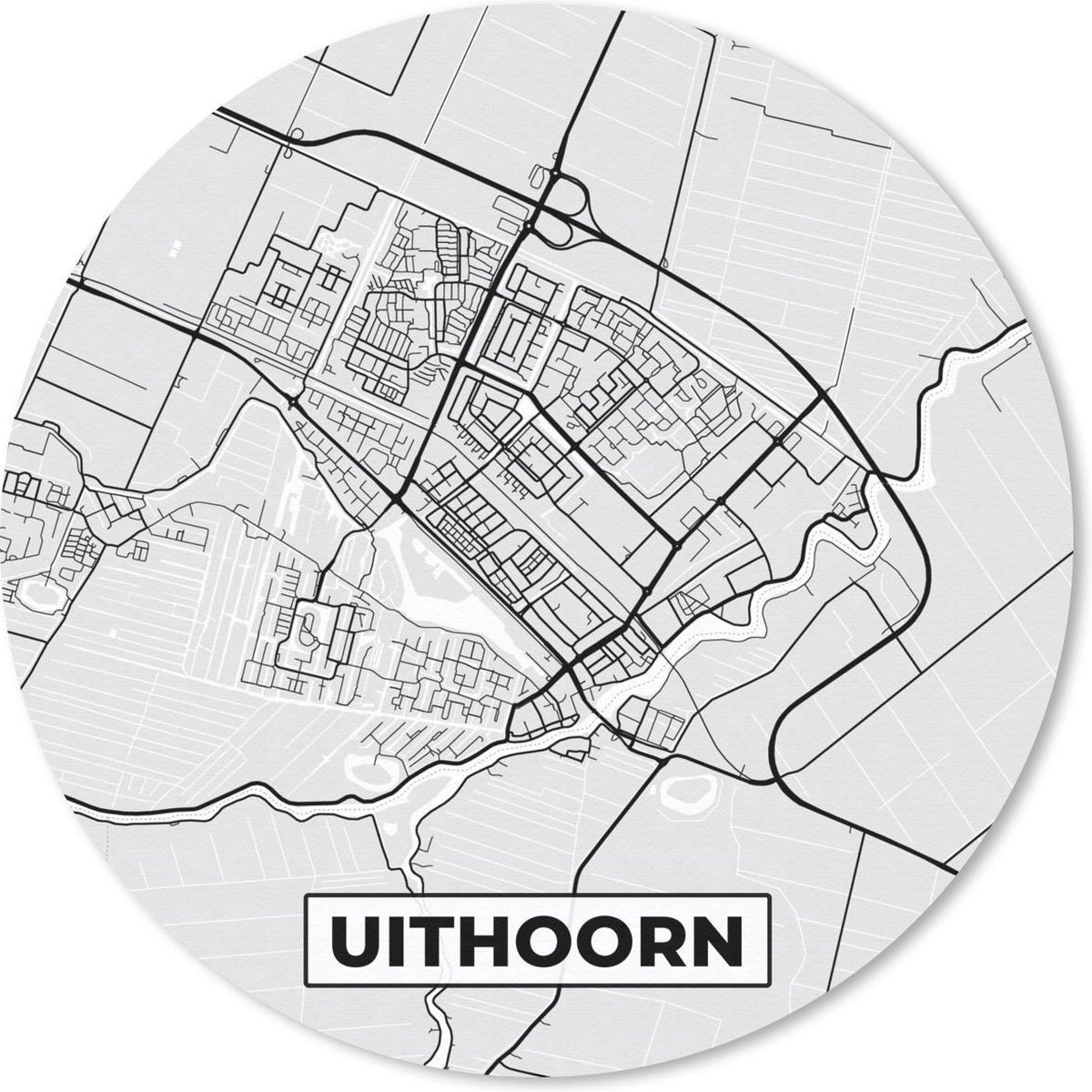 Muismat rond 30x30 cm - Mousepad Stadskaart - Uithoorn - Grijs - Wit - Ronde muismatten