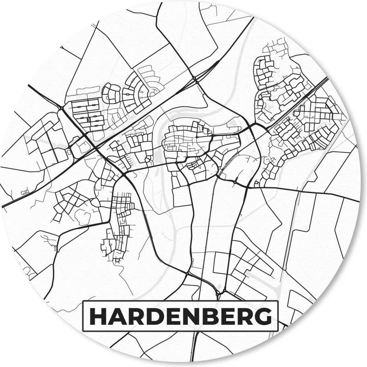 Muismat rond 30x30 cm - Mousepad Kaart - Hardenberg - Zwart - Wit - Ronde muismatten