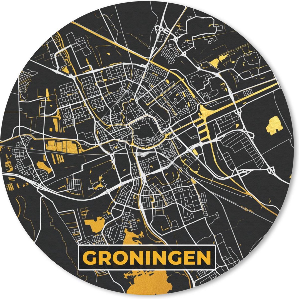 Muismat rond 30x30 cm - Mousepad Stadskaart - Groningen - Goud - Zwart - Ronde muismatten