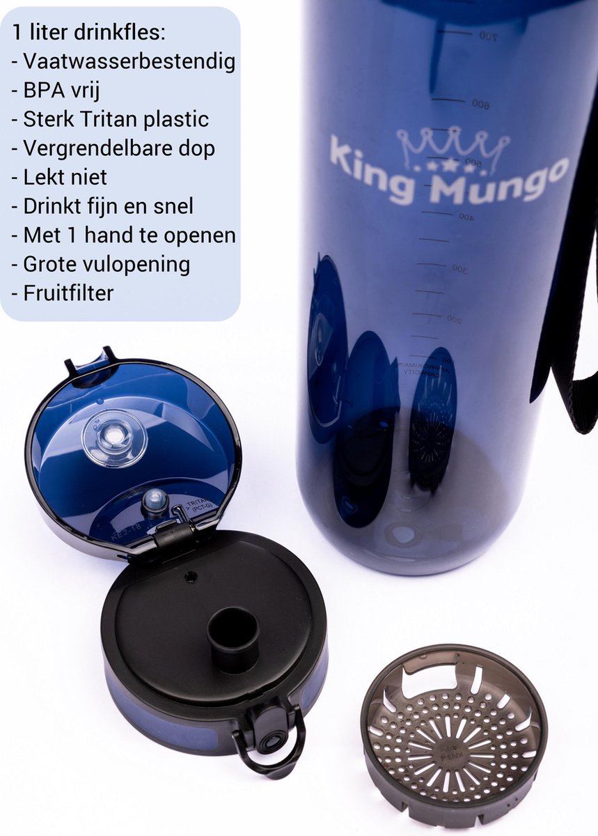 King Mungo Drinkfles 1 Liter Transparant Donkerblauw thumbnail 4
