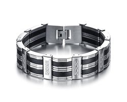 Victorious Armband Heren – Zwarte Strepen & RVS Roestvrij Staal– Zilver/Zwart – 24cm