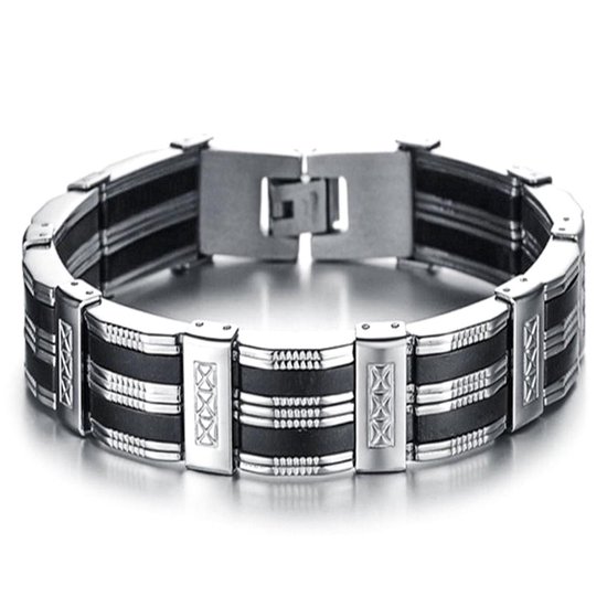 Victorious Armband Heren – Zwarte Strepen & RVS Roestvrij Staal– Zilver/Zwart – 22cm