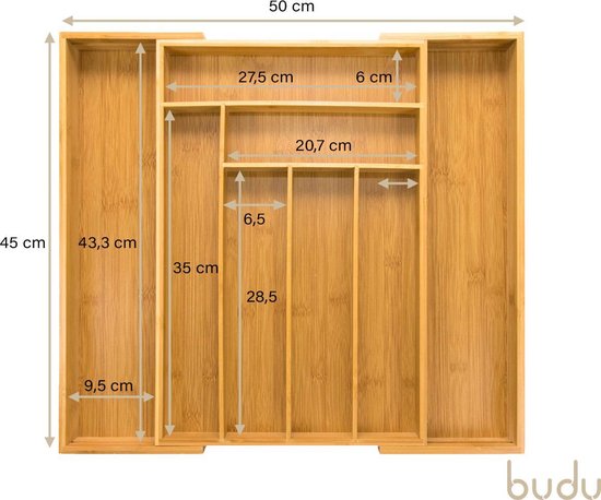 Un tiroir à couverts en bambou avec des dimensions indiquées en centimètres. Le tiroir mesure 45 cm de profondeur et 50 cm de largeur, avec plusieurs compartiments de tailles différentes.