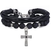 Victorious Set Leer en Natuurstenen Kralen Armbanden Heren – Kruis – Zwart/Zilver – 17cm