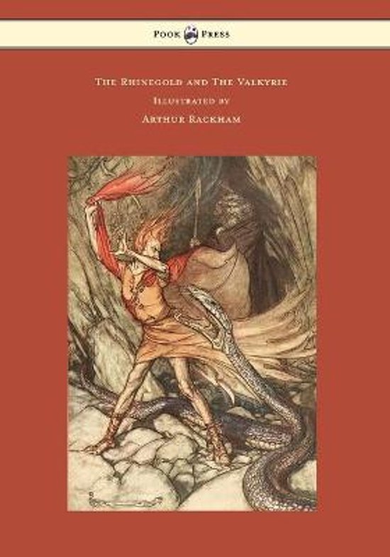 Illustratie van een vrouw met rood haar en een geel gewaad, die een slang bevecht. Geschreven door Arthur Rackham.