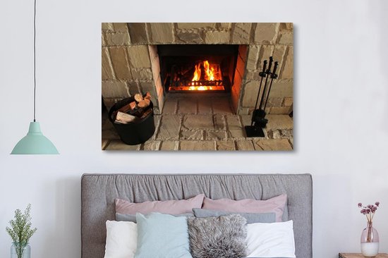 Cheminée dans un mur de pierre 180x120 cm - Tirage photo sur toile (Décoration murale salon / chambre) XXL / Groot format!