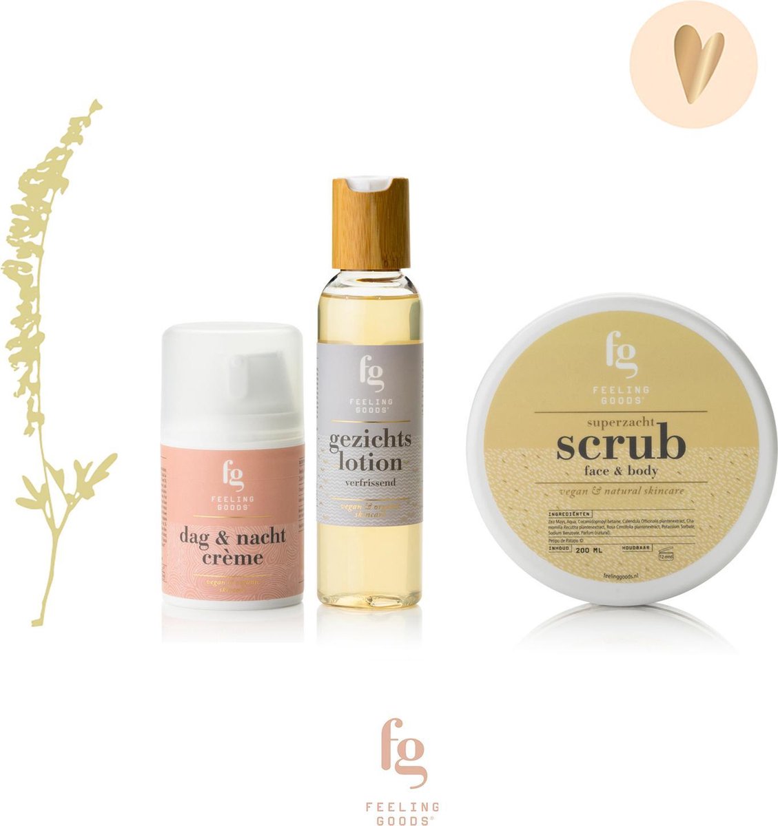 Feeling Goods, Verzorgingsset dag & nachtcrème, gezichtslotion en scrub face & body