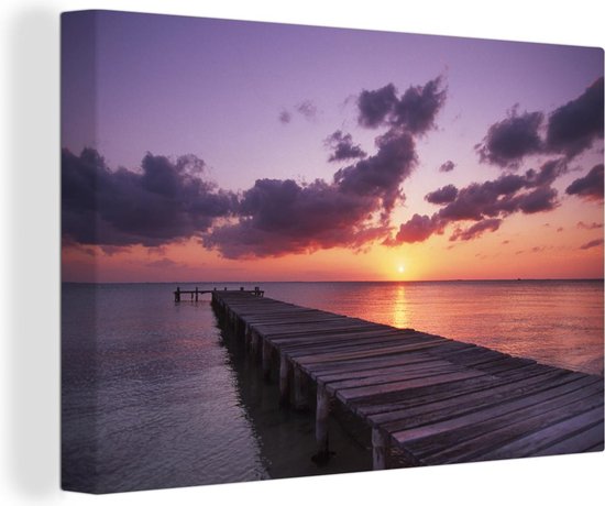 Canvas schilderij 140x90 cm - Wanddecoratie Pier bij kleurrijke zonsondergang op het strand van Isla Mujeres in Mexico - Muurdecoratie woonkamer - Slaapkamer decoratie - Kamer accessoires - Schilderijen