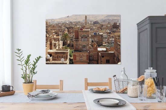 Paysage urbain du centre-ville et palmier solitaire de Sanaa au Yémen Toile 140x90 cm - Tirage photo sur toile (Décoration murale salon / chambre)