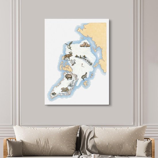 Une carte du Groenland avec des illustrations sur toile 120x160 cm - Tirage photo sur toile (Décoration murale salon / chambre) XXL / Groot format!