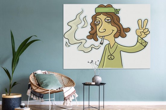 Une illustration d'un hippie qui souffle sur toile 160x120 cm - Tirage photo sur toile (Décoration murale salon / chambre) / Peintures Fleurs sur toile XXL / Groot format!