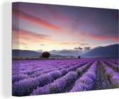 Canvas Schilderij Een prachtig lavendelveld bij zonsondergang - 30x20 cm - Wanddecoratie