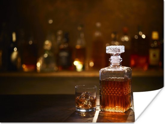 Fles whiskey op een bar poster 160x120 cm - Foto print op Poster (wanddecoratie woonkamer / slaapkamer) XXL / Groot formaat!