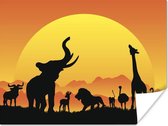 Illustration d'animaux d'Afrique avec un poster soleil couchant 160x120 cm - Tirage photo sur Poster (décoration murale salon / chambre) XXL / Groot format!