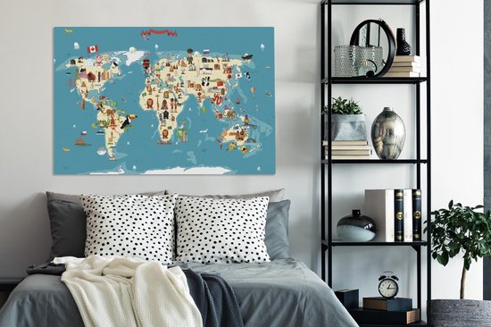 Canvas Wereldkaart - 140x90 - Wanddecoratie Wereldkaart Kinderen - Aarde - Symbolen