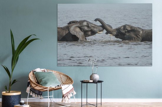 Deux éléphants lavés dans la rivière sur toile 2cm 180x120 cm - Tirage photo sur toile (Décoration murale salon / chambre) / Animaux sauvages Peintures sur toile XXL / Groot format!