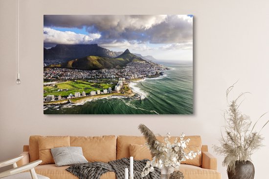 Canvas schilderij 180x120 cm - Wanddecoratie Zee - Kaapstad - Berg - Muurdecoratie woonkamer - Slaapkamer decoratie - Kamer accessoires - Schilderijen